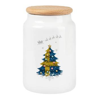 Weihnachtsbaum mit Schweden-Flagge - Keksdose mit Holzdeckel - Weiß - Vorne