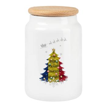 Weihnachtsbaum mit Rumänien-Flagge - Keksdose mit Holzdeckel - Weiß - Vorne