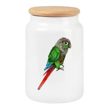 Watercolor drawing of a green-cheeked parakeet - Cookie Jar with Wooden Lid - white - Front