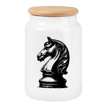 Chessboard with chess pieces king and pawns - Cookie Jar with Wooden Lid - white - Front