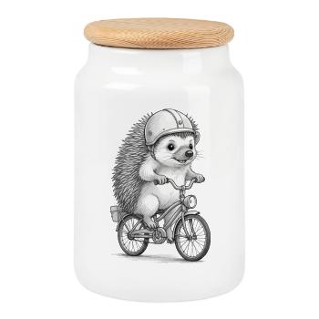 Igelfahrer auf Vintage-Motorrad - Keksdose mit Holzdeckel - Weiß - Vorne
