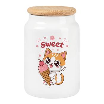 Kawaii Sweet Glazed Kitten - Cookie Jar with Wooden Lid - white - Front