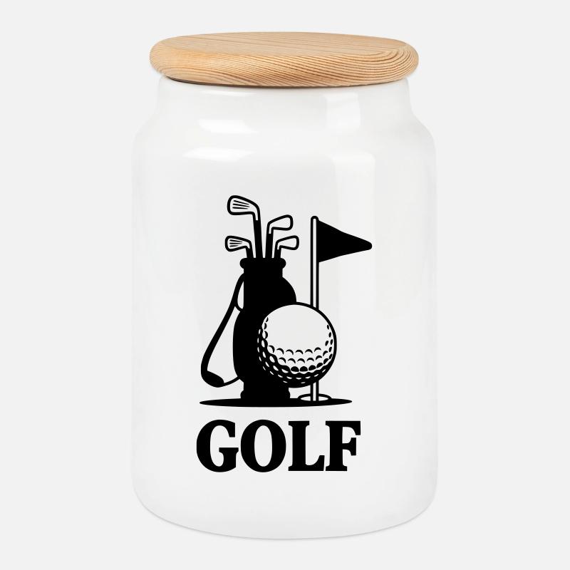 Golf Schriftzug mit Golf Equipment  - Keksdose mit Holzdeckel - Weiß