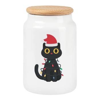 Black cat in the glow of lights - Cookie Jar with Wooden Lid - white - Front