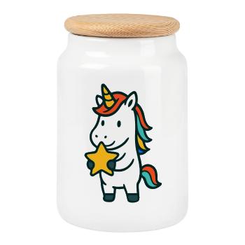 Cute Unicorn Holding Bright Yellow Star Mascot - Cookie Jar with Wooden Lid - white - Front