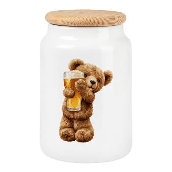 Bärchen mit Bierglas Bierchen Teddybär - Keksdose mit Holzdeckel - Weiß - Vorne