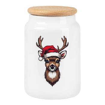 Reindeer Santa Hat Motif - Cookie Jar with Wooden Lid - white - Front