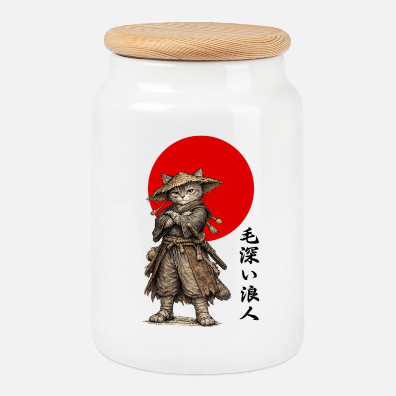 Katzen-Ronin-Samurai unter roter Sonne - Keksdose mit Holzdeckel - Weiß