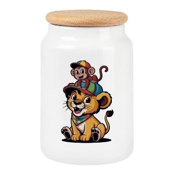 Duo de la jungle : Singe sur Lion avec Chapeau - Boîte à biscuits avec couvercle en bois - blanc - Devant