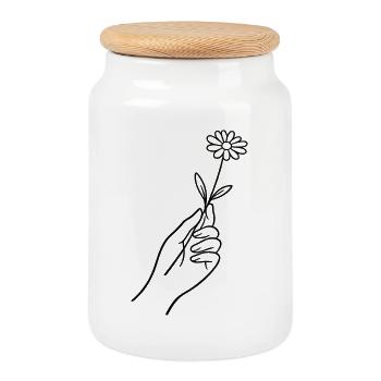 Line hand with flower - Cookie Jar with Wooden Lid - white - Front