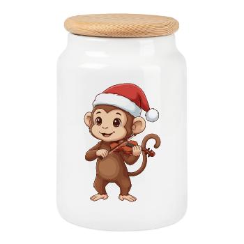 Christmas Monkey Ape Playing Violin Art - Cookie Jar with Wooden Lid - white - Front