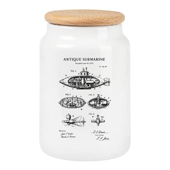 Antique Submarine blueprint patent - Cookie Jar with Wooden Lid - white - Front