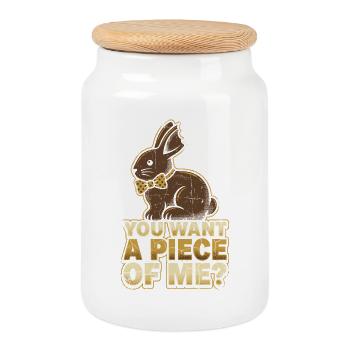 Lapin avec nœud papillon – Tu veux un morceau de moi - Boîte à biscuits avec couvercle en bois - blanc - Devant