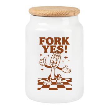 Fork yes! | Kitchen Humor Pun - Cookie Jar with Wooden Lid - white - Front