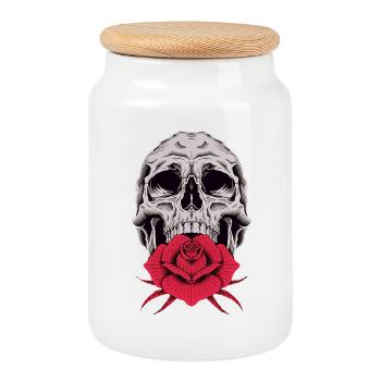 Skull Rose Motif for Biker, Gothic and Rocker Fans - Cookie Jar with Wooden Lid - white - Front