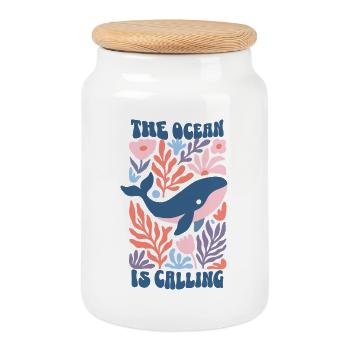 The Ocean Is Calling - Retro Whale Boho Flowers - Cookie Jar with Wooden Lid - white - Front