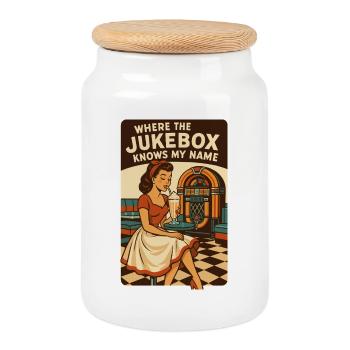 50s Diner Pin-Up: Where the Jukebox Knows My Name - Keksdose mit Holzdeckel - Weiß - Vorne