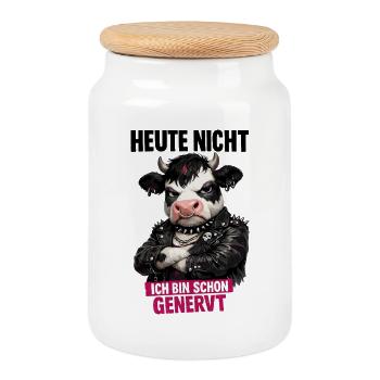 Ich bin schon genervt Punk-Kuh mit Attitüde - Keksdose mit Holzdeckel - Weiß - Vorne