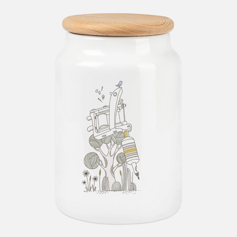 Tattoo Machine - Cookie Jar with Wooden Lid - white