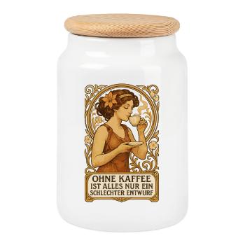 Pin-Up Kaffee Art Nouveau: Ohne Kaffee Entwurf - Keksdose mit Holzdeckel - Weiß - Vorne