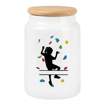 Fille du mur d’escalade – Grimpeuse sur mesure - Boîte à biscuits avec couvercle en bois - blanc - Devant