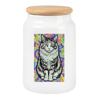 cat - Cookie Jar with Wooden Lid - white - Front