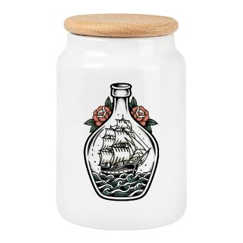 Boats in Bottle Tattoo Retro Sailboat Sea - Cookie Jar with Wooden Lid - white - Front