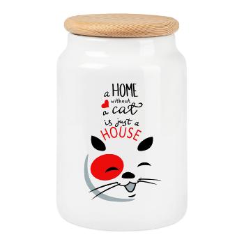 Smiling Cat Heart - Cookie Jar with Wooden Lid - white - Front