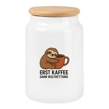 Erst Kaffee Dann Weltrettung - Keksdose mit Holzdeckel - Weiß - Vorne