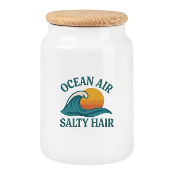 Cheveux salés de l’air de l’océan – Surf et plage - Boîte à biscuits avec couvercle en bois - blanc - Devant