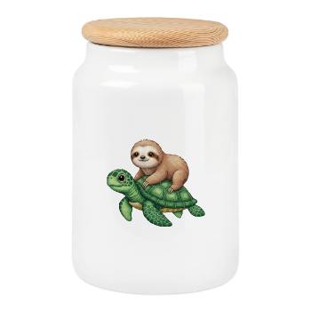 Paresseux sur tortue - Boîte à biscuits avec couvercle en bois - blanc - Devant