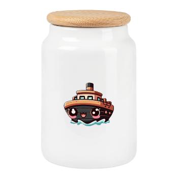 Cheerful ship with eyes - Cookie Jar with Wooden Lid - white - Front