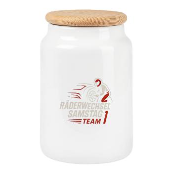 Räderwechsel Samstag Team 1 - Keksdose mit Holzdeckel - Weiß - Vorne