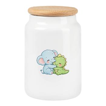Best Friends Forever – Cute Elephant & Dino - Cookie Jar with Wooden Lid - white - Front