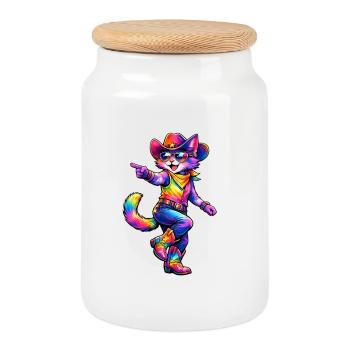 Cowboy Chat Coloré - Boîte à biscuits avec couvercle en bois - blanc - Devant