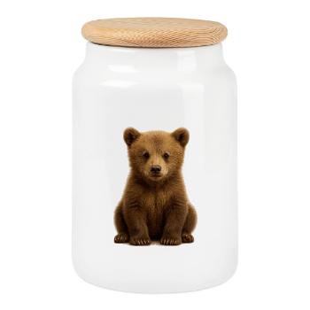 Baby bear in soft brown fur - Cookie Jar with Wooden Lid - white - Front