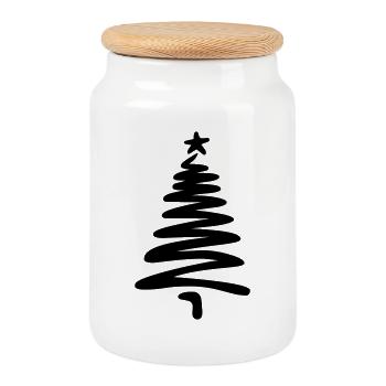 Christmas tree linear hand-drawn - Cookie Jar with Wooden Lid - white - Front