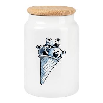 Ours à la crème glacée - Cadeau - Boîte à biscuits avec couvercle en bois - blanc - Devant