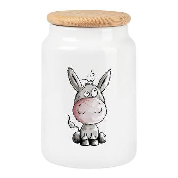 Little Donkey Cartoon - Baby - Kids - Gift - Cookie Jar with Wooden Lid - white - Front