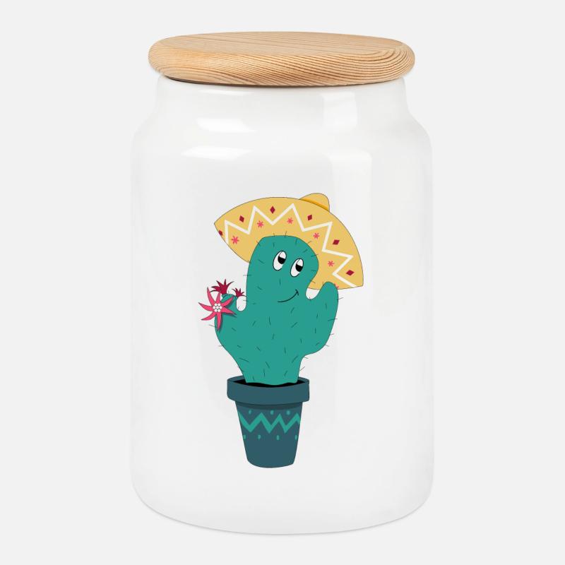 Mexican cactus - Cookie Jar with Wooden Lid - white