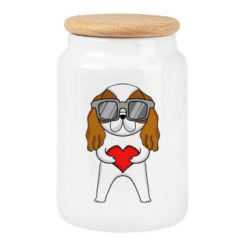 Cavalier King Charles Épagneul avec lunettes de soleil - Boîte à biscuits avec couvercle en bois - blanc - Devant