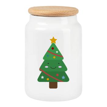 Cute Christmas tree - Cookie Jar with Wooden Lid - white - Front