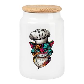 Cooking Cat with Rainbow, Creative - Cookie Jar with Wooden Lid - white - Front