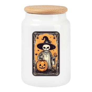 Tarot Hexen Skelett Karte mit Kürbis - Keksdose mit Holzdeckel - Weiß - Vorne