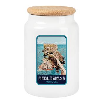 Illustration of the Berlengas Islands, Peniche - Cookie Jar with Wooden Lid - white - Front
