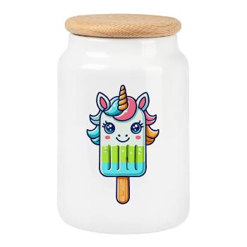 Une glace sur un bâtonnet en forme de licorne colorée - Boîte à biscuits avec couvercle en bois - blanc - Devant