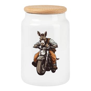 Âne Moto / Moto Âne - Boîte à biscuits avec couvercle en bois - blanc - Devant