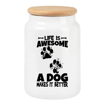 Life Is Awesome Dogs Make It Even Better - Cookie Jar with Wooden Lid - white - Front