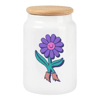 Fleur heureuse dessin animé - Boîte à biscuits avec couvercle en bois - blanc - Devant