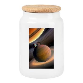 Celestial Ringed Planets Artwork - Cookie Jar with Wooden Lid - white - Front
